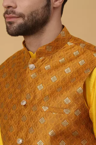 Men's Gold Kurta and Churidar With Sequenced Cotton Silk Nehru Jacket