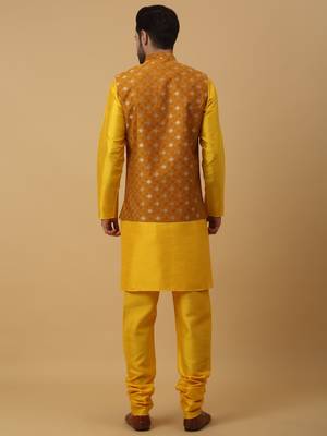 Men's Gold Kurta and Churidar With Sequenced Cotton Silk Nehru Jacket 3