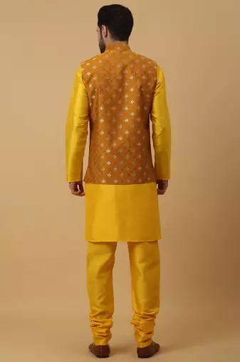 Men's Gold Kurta and Churidar With Sequenced Cotton Silk Nehru Jacket