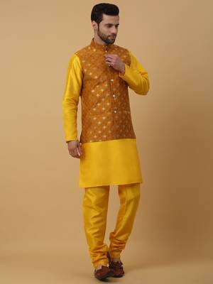 Men's Gold Kurta and Churidar With Sequenced Cotton Silk Nehru Jacket 6