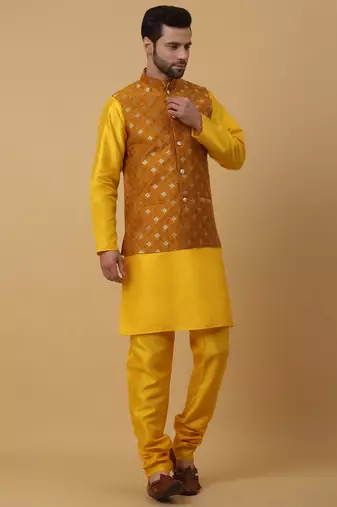 Men's Gold Kurta and Churidar With Sequenced Cotton Silk Nehru Jacket