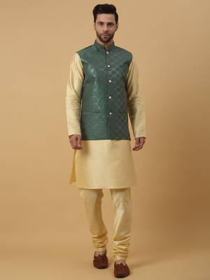 Men's Cream Kurta and Churidar With Jacquard Ethnic Motifs Printed Nehru Jacket 1