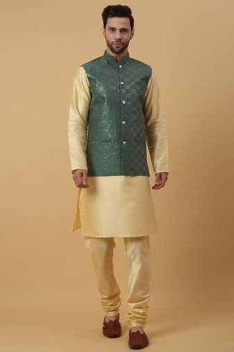 Men's Cream Kurta and Churidar With Jacquard Ethnic Motifs Printed Nehru Jacket