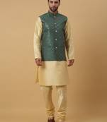 Men's Cream Kurta and Churidar With Jacquard Ethnic Motifs Printed Nehru Jacket
