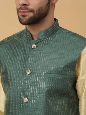 Men's Cream Kurta and Churidar With Jacquard Ethnic Motifs Printed Nehru Jacket 2