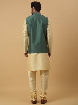 Men's Cream Kurta and Churidar With Jacquard Ethnic Motifs Printed Nehru Jacket 3