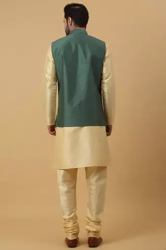 Men's Cream Kurta and Churidar With Jacquard Ethnic Motifs Printed Nehru Jacket