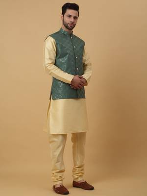 Men's Cream Kurta and Churidar With Jacquard Ethnic Motifs Printed Nehru Jacket 6