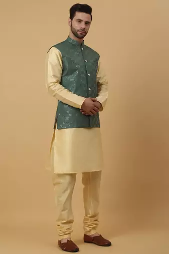 Men's Cream Kurta and Churidar With Jacquard Ethnic Motifs Printed Nehru Jacket