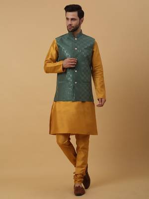 Men's Yellow Kurta and Churidar With Jacquard Ethnic Motifs Printed Nehru Jacket 1