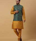 Men's Yellow Kurta and Churidar With Jacquard Ethnic Motifs Printed Nehru Jacket