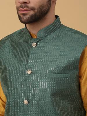 Men's Yellow Kurta and Churidar With Jacquard Ethnic Motifs Printed Nehru Jacket 2