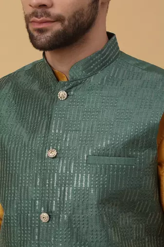 Men's Yellow Kurta and Churidar With Jacquard Ethnic Motifs Printed Nehru Jacket