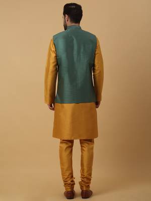 Men's Yellow Kurta and Churidar With Jacquard Ethnic Motifs Printed Nehru Jacket 3