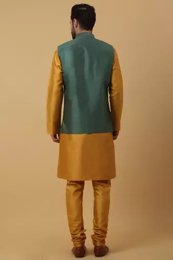 Men's Yellow Kurta and Churidar With Jacquard Ethnic Motifs Printed Nehru Jacket