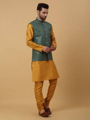 Men's Yellow Kurta and Churidar With Jacquard Ethnic Motifs Printed Nehru Jacket 6