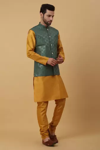 Men's Yellow Kurta and Churidar With Jacquard Ethnic Motifs Printed Nehru Jacket