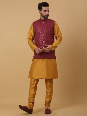 Men's Yellow Kurta and Churidar With Jacquard Ethnic Motifs Printed Nehru Jacket 1