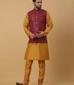 Men's Yellow Kurta and Churidar With Jacquard Ethnic Motifs Printed Nehru Jacket
