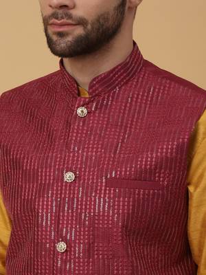 Men's Yellow Kurta and Churidar With Jacquard Ethnic Motifs Printed Nehru Jacket 2