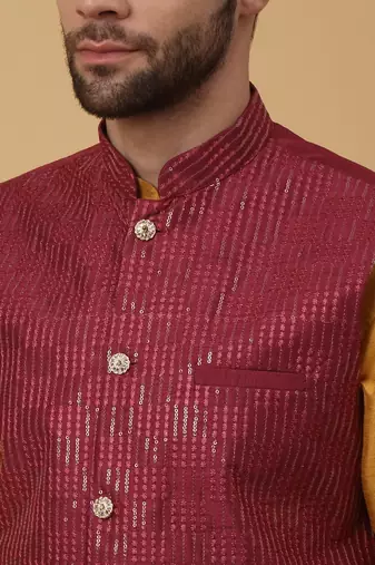 Men's Yellow Kurta and Churidar With Jacquard Ethnic Motifs Printed Nehru Jacket