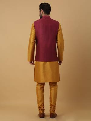 Men's Yellow Kurta and Churidar With Jacquard Ethnic Motifs Printed Nehru Jacket 3