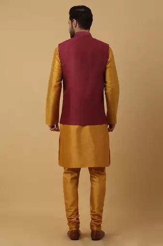 Men's Yellow Kurta and Churidar With Jacquard Ethnic Motifs Printed Nehru Jacket