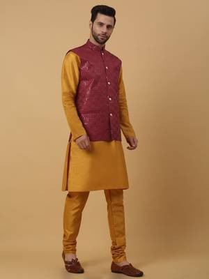 Men's Yellow Kurta and Churidar With Jacquard Ethnic Motifs Printed Nehru Jacket 6