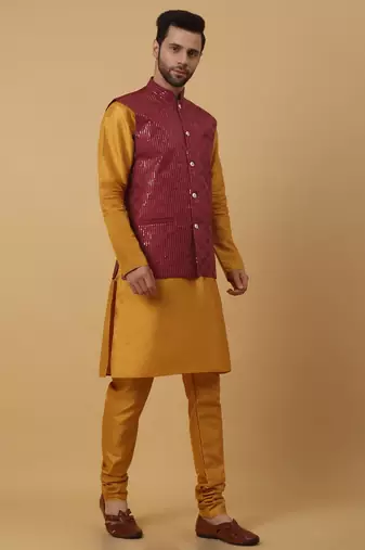 Men's Yellow Kurta and Churidar With Jacquard Ethnic Motifs Printed Nehru Jacket