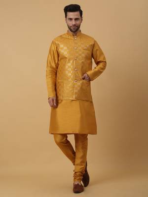 Men's Yellow Kurta and Churidar With Jacquard Ethnic Motifs Printed Nehru Jacket 1