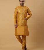 Men's Yellow Kurta and Churidar With Jacquard Ethnic Motifs Printed Nehru Jacket