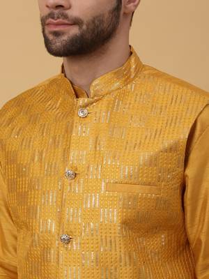 Men's Yellow Kurta and Churidar With Jacquard Ethnic Motifs Printed Nehru Jacket 2