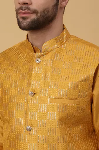 Men's Yellow Kurta and Churidar With Jacquard Ethnic Motifs Printed Nehru Jacket