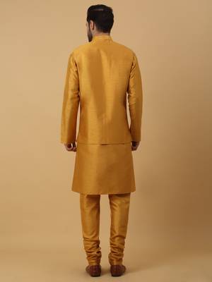 Men's Yellow Kurta and Churidar With Jacquard Ethnic Motifs Printed Nehru Jacket 3