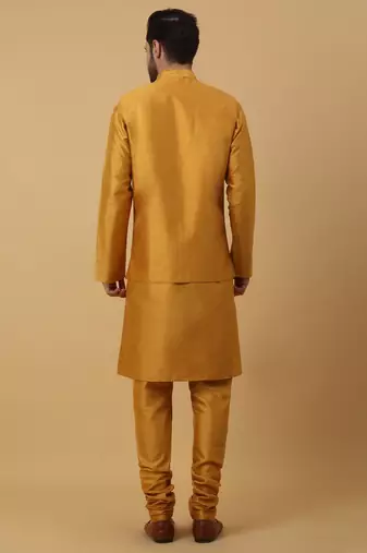 Men's Yellow Kurta and Churidar With Jacquard Ethnic Motifs Printed Nehru Jacket