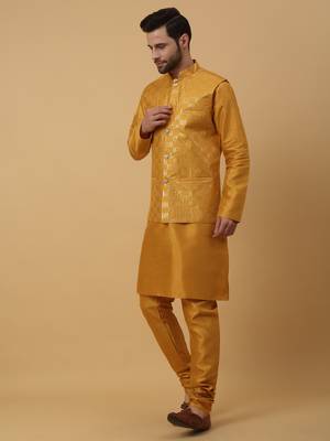 Men's Yellow Kurta and Churidar With Jacquard Ethnic Motifs Printed Nehru Jacket 6