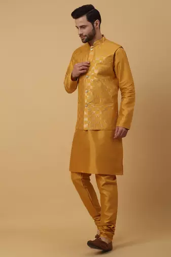 Men's Yellow Kurta and Churidar With Jacquard Ethnic Motifs Printed Nehru Jacket