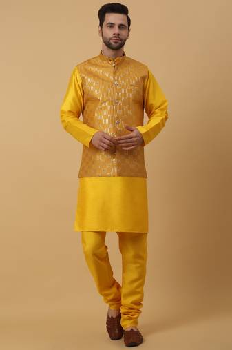 Men's Gold Kurta and Churidar With Jacquard Ethnic Motifs Printed Nehru Jacket