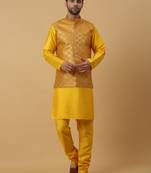 Men's Gold Kurta and Churidar With Jacquard Ethnic Motifs Printed Nehru Jacket