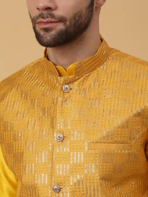 Men's Gold Kurta and Churidar With Jacquard Ethnic Motifs Printed Nehru Jacket 2