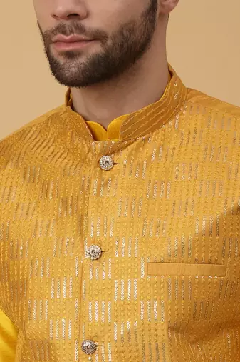 Men's Gold Kurta and Churidar With Jacquard Ethnic Motifs Printed Nehru Jacket