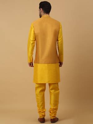 Men's Gold Kurta and Churidar With Jacquard Ethnic Motifs Printed Nehru Jacket 3