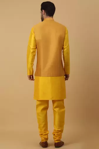 Men's Gold Kurta and Churidar With Jacquard Ethnic Motifs Printed Nehru Jacket