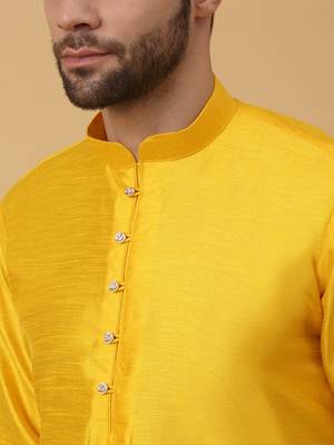 Men's Gold Kurta and Churidar With Jacquard Ethnic Motifs Printed Nehru Jacket 5