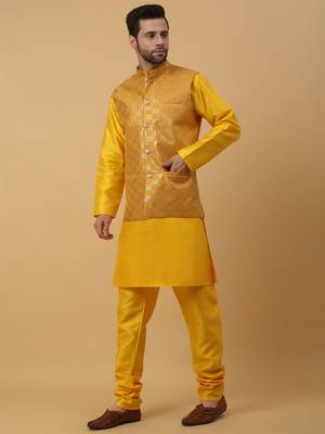 Men's Gold Kurta and Churidar With Jacquard Ethnic Motifs Printed Nehru Jacket 6