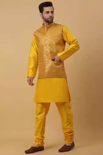 Men's Gold Kurta and Churidar With Jacquard Ethnic Motifs Printed Nehru Jacket