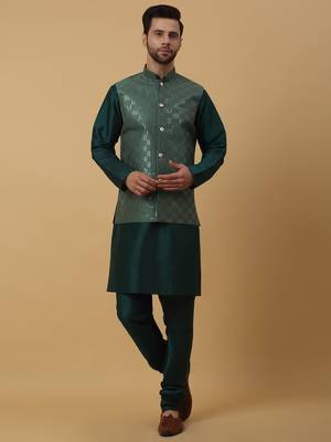 Men's Green Kurta and Churidar With Jacquard Ethnic Motifs Printed Nehru Jacket 1
