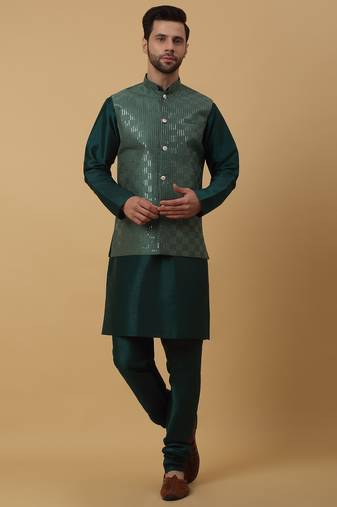 Men's Green Kurta and Churidar With Jacquard Ethnic Motifs Printed Nehru Jacket