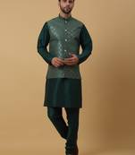 Men's Green Kurta and Churidar With Jacquard Ethnic Motifs Printed Nehru Jacket