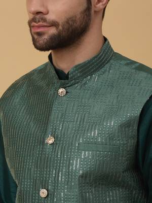 Men's Green Kurta and Churidar With Jacquard Ethnic Motifs Printed Nehru Jacket 2